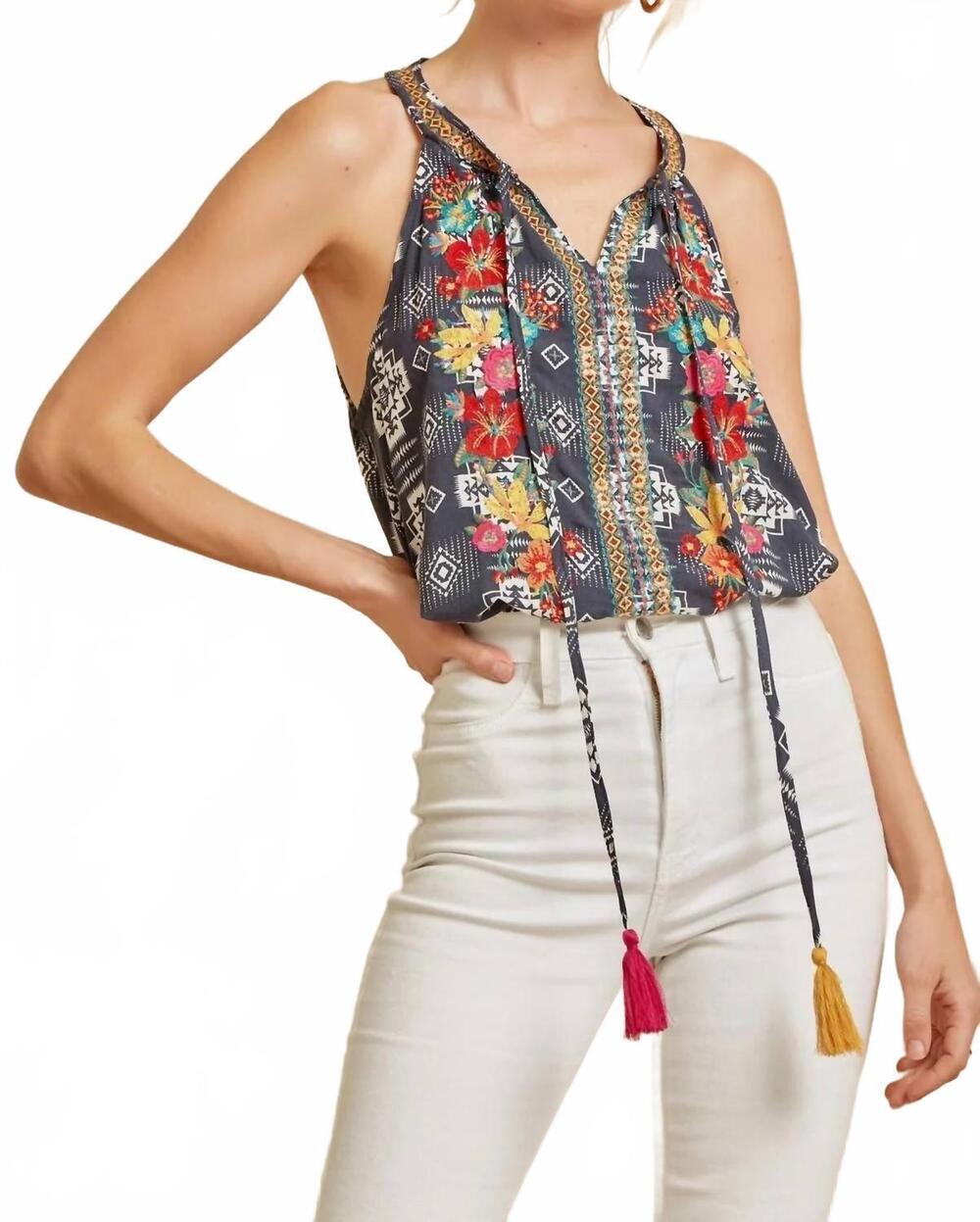 NEW ANDREE BY UNIT desert bloom embroidered tank in blue/ black multi